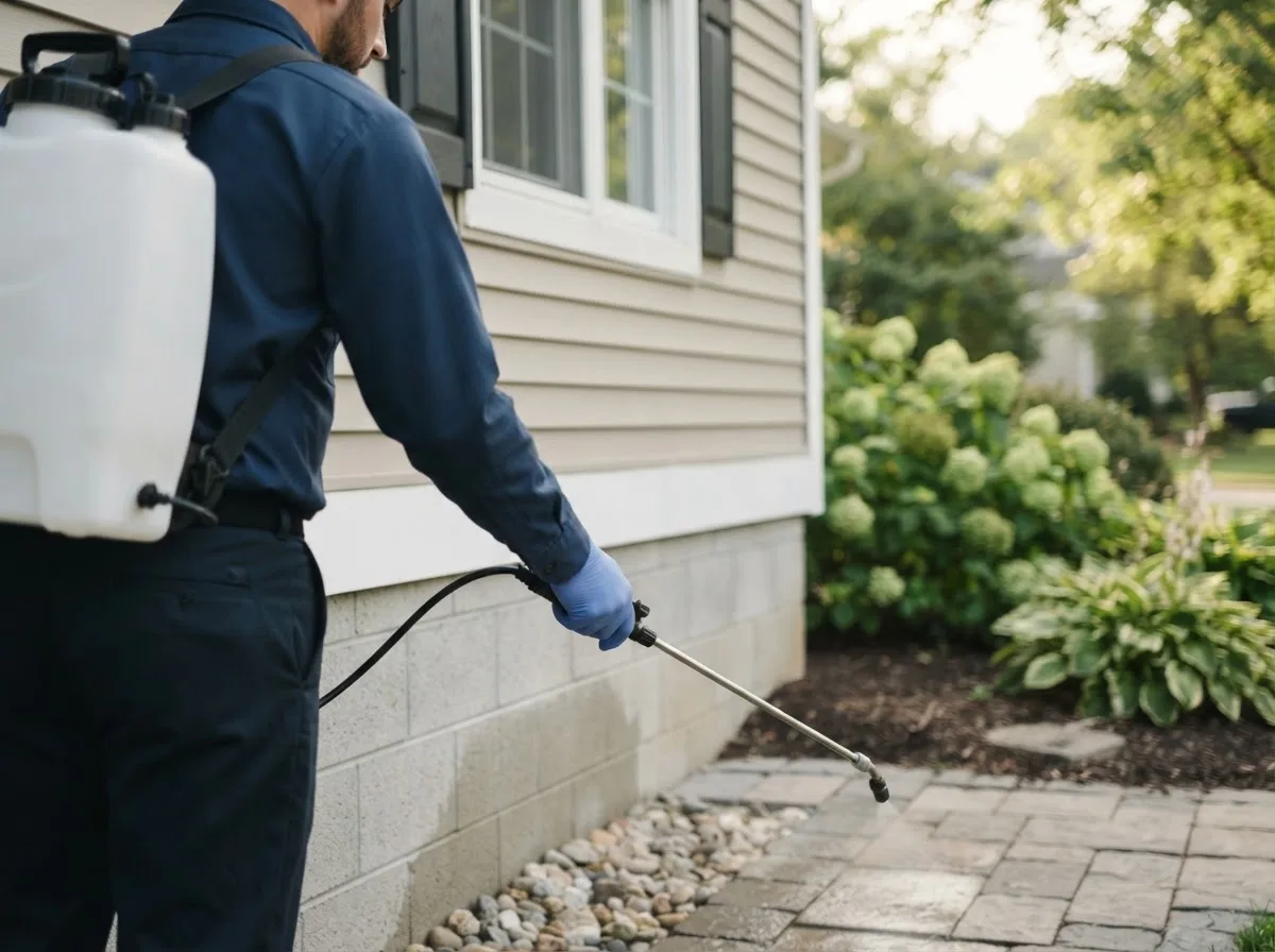 Pest control technician inspecting a home in Cadott, WI